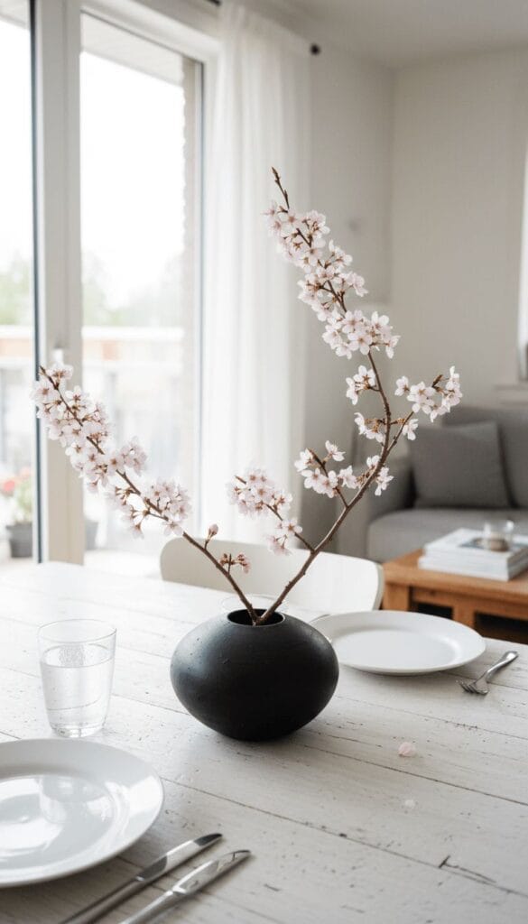 modern spring centerpiece with cherry blossom branches in matte black ceramic vessel