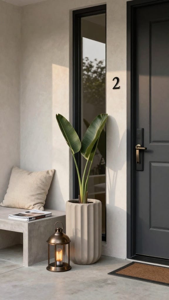 modern spring porch decor with fluted micro-cement planter and steel bell lantern at charcoal door