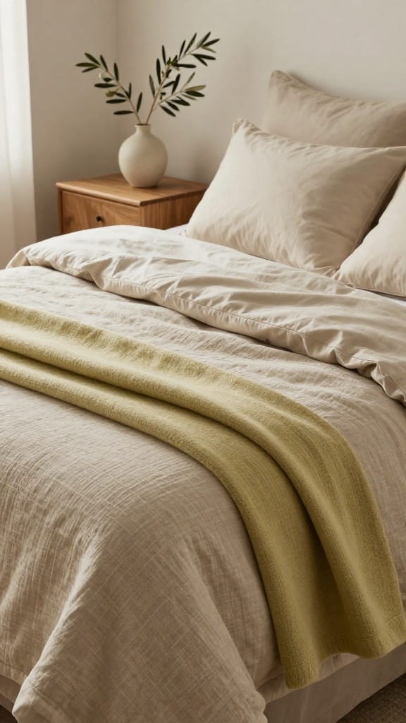 neutral layered bedding in putty, bone, and flax tones with cashmere throw on master bed