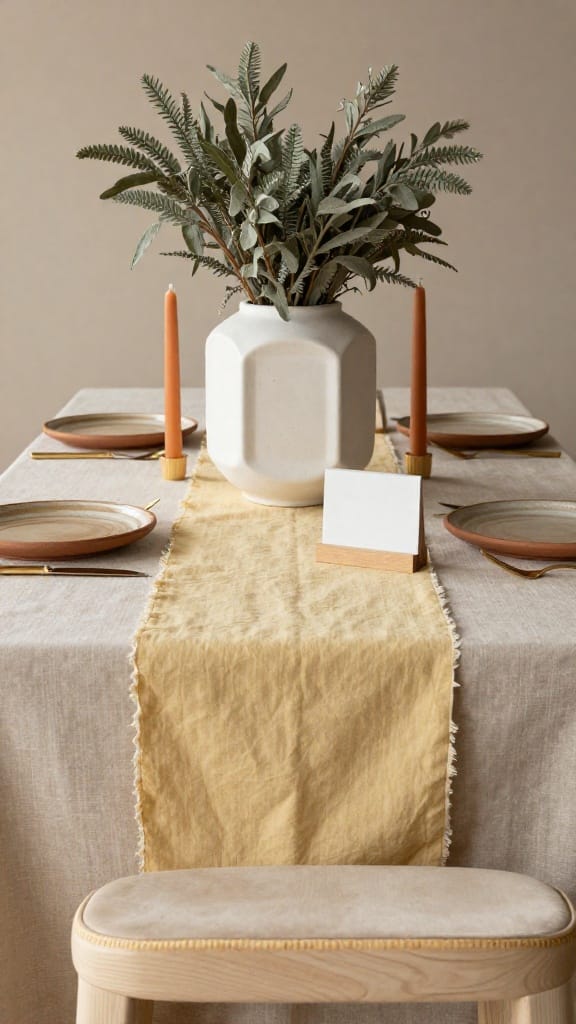 Neutral spring wedding colors with butter-yellow runners, taupe linen, and brushed-brass flatware