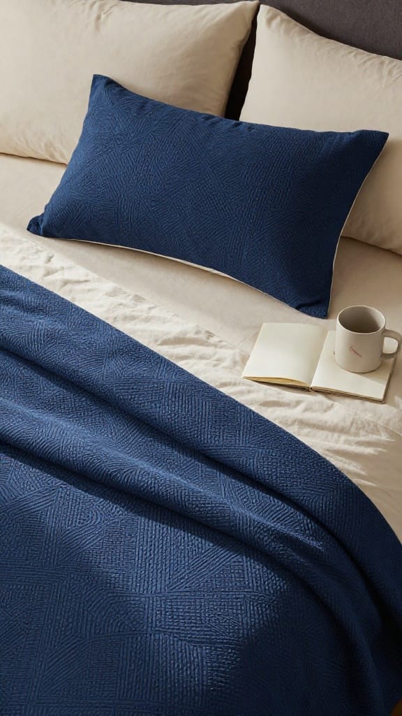 master bedding with single indigo jacquard pattern lumbar pillow on neutral brushed-cotton coverlet