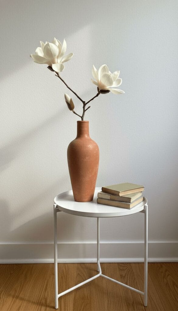  spring centerpiece with single magnolia branch in tall terracotta vase on side table