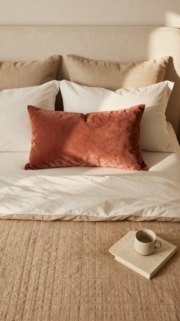 master bedding pillow arrangement with Euro shams, sleeping pillows, and velvet lumbar on king bed