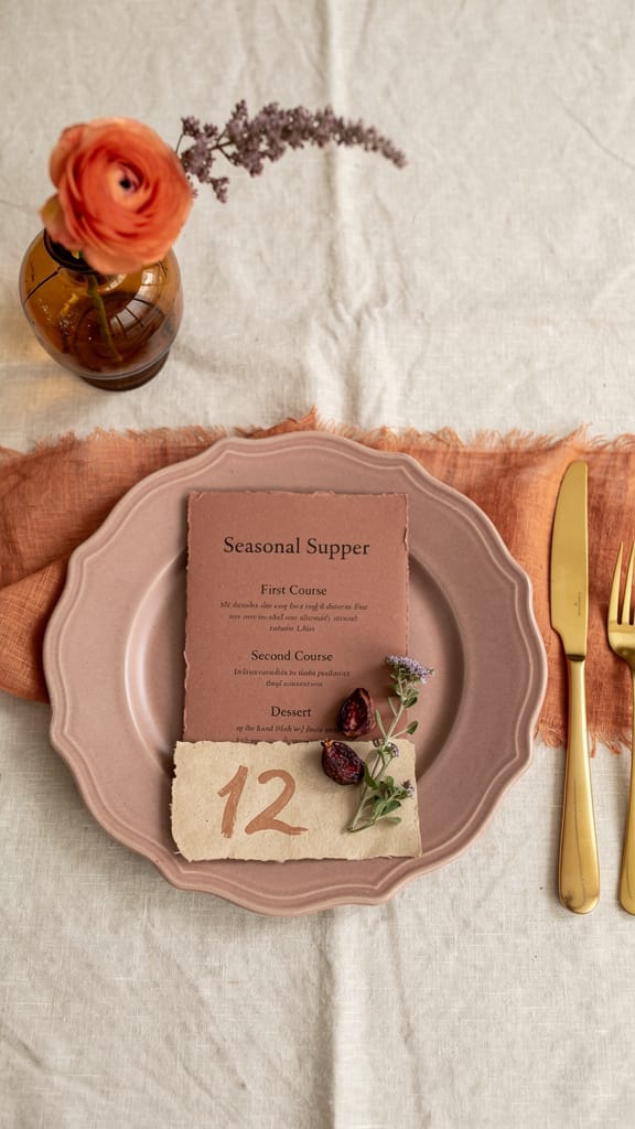 Pink spring wedding color palette detail with terracotta menus, gold flatware, and peach ranunculus