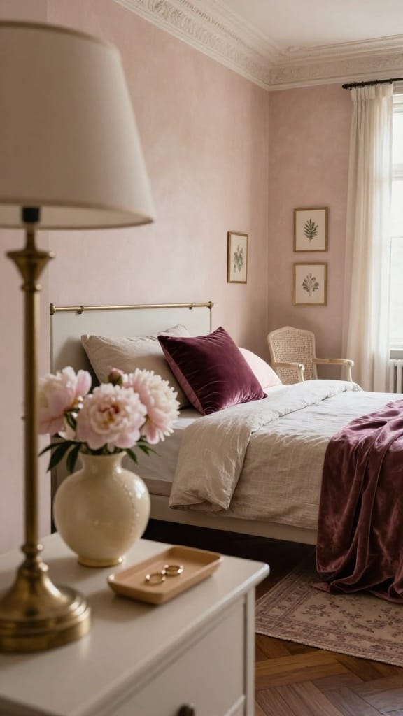 Pink spring bedroom ideas with blush-beige walls, muted plum velvet pillow, and brass lamp