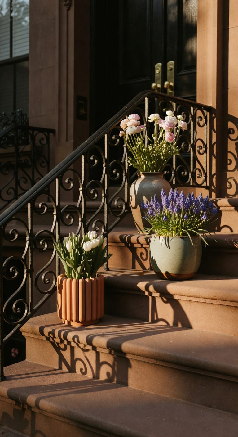 spring porch planters in three materials staggered across brownstone steps