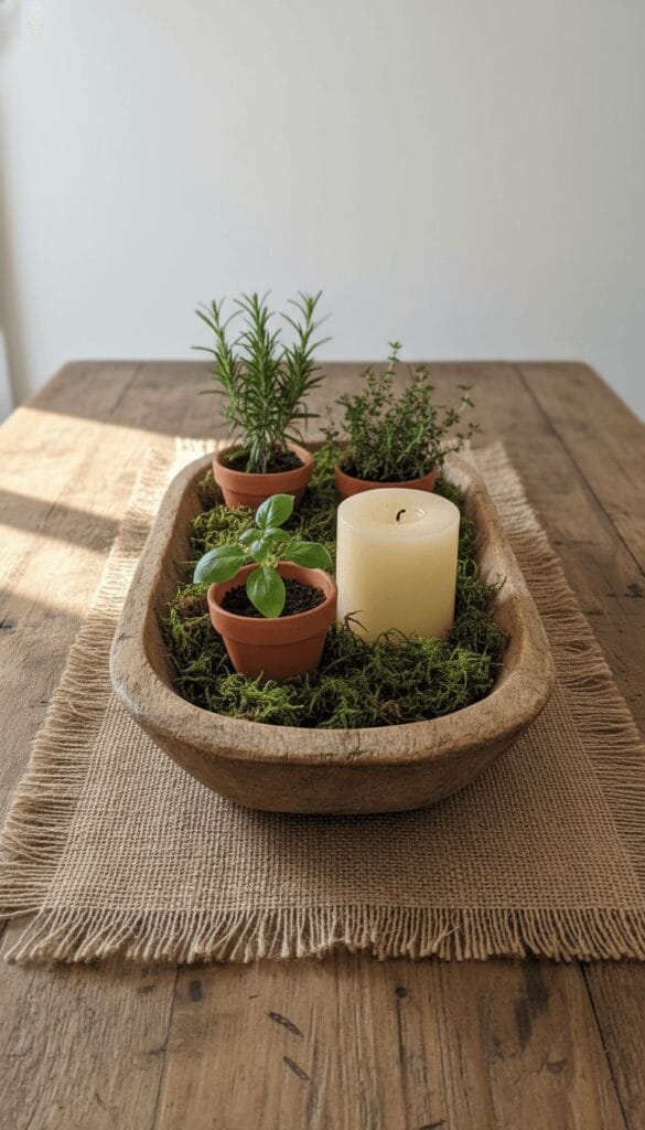 rustic spring centerpiece in wooden dough bowl with moss herbs and pillar candle