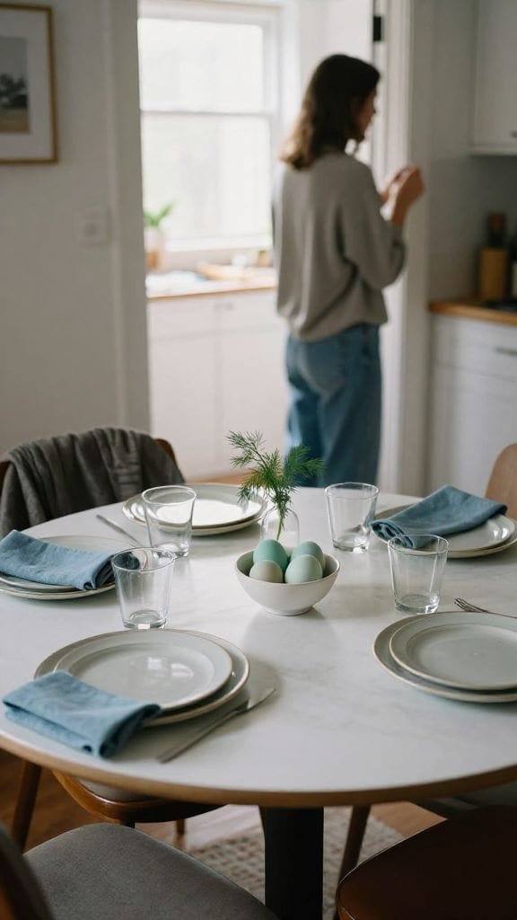 Simple Easter table decorations with ombré sage eggs in a bowl and dill sprig on a casual kitchen table