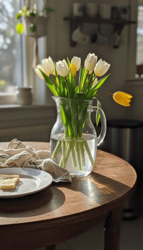 simple spring centerpiece with white and yellow tulips in glass pitcher on kitchen table