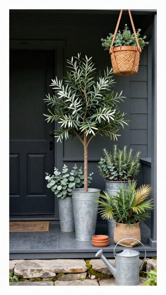 all-green spring porch decor with olive tree eucalyptus and herbs on dark slate porch