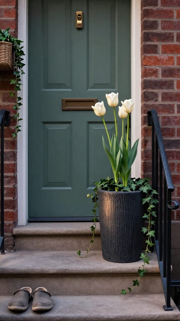 small apartment spring porch decor with micro-cement planter and wall-mounted ivy on brick stoop