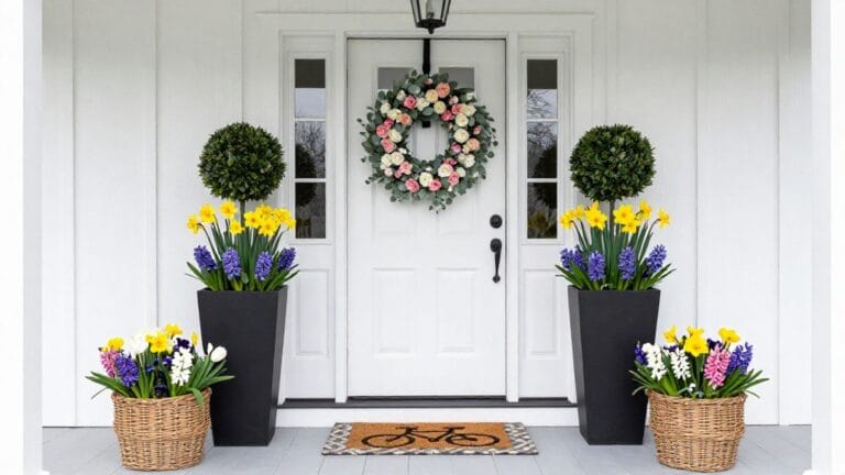 white craftsman front door with glass panels and sidelights, white painted wood facade, black lantern pendant light above. White door with black hardware and a spring wreath hung at center