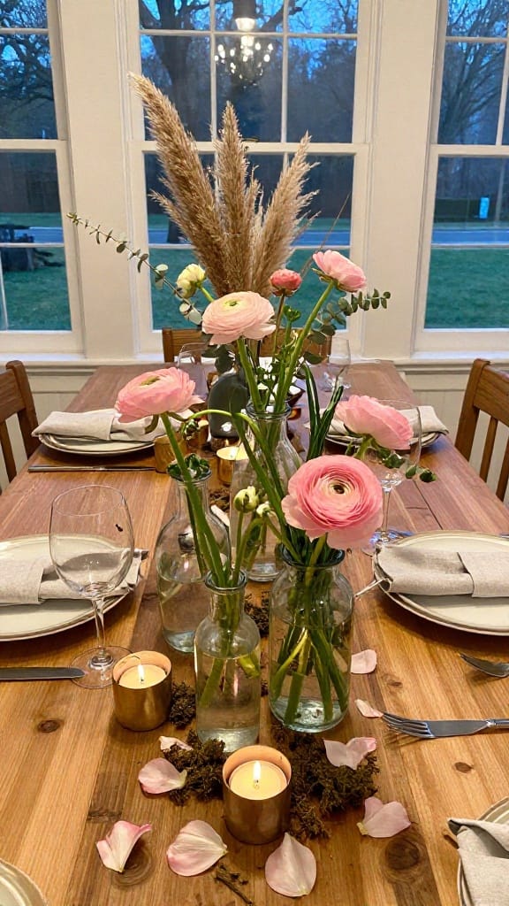 spring centerpiece ideas for parties with matching ranunculus vases along dining table