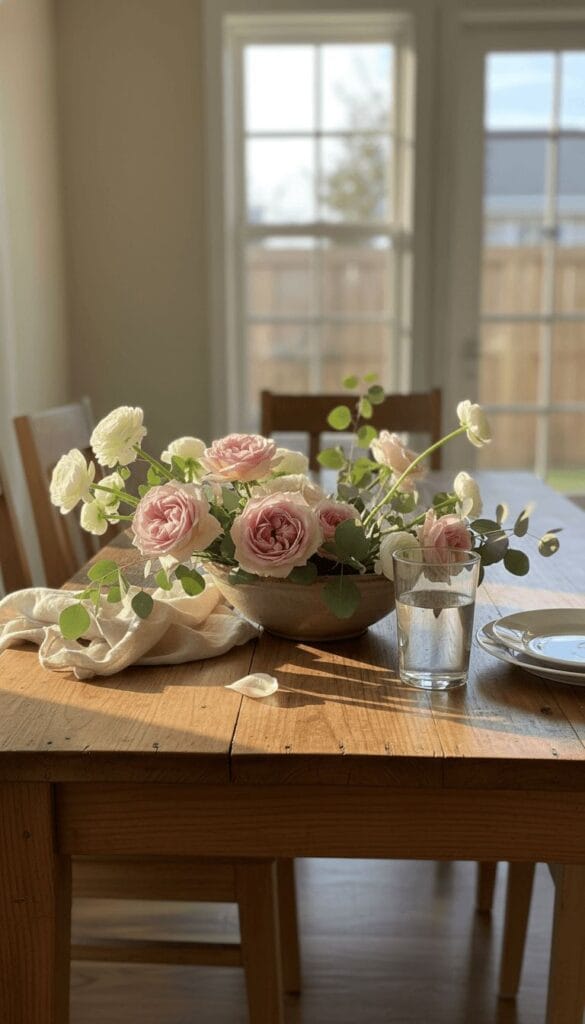 spring centerpiece idea for dining table with pink roses in low ceramic bowl