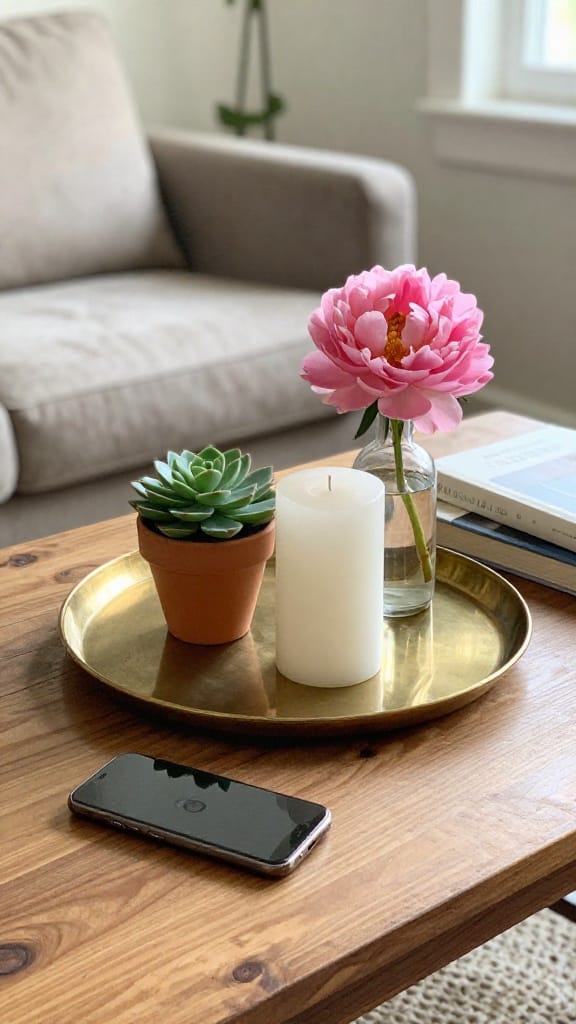 spring coffee table centerpiece with candle succulent and peony on brass tray