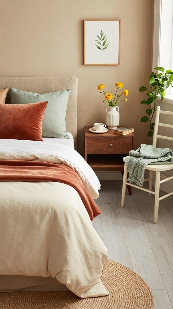 Spring bedroom colour scheme with warm oat walls, sage bedding, and terracotta accent pillow on walnut nightstand
