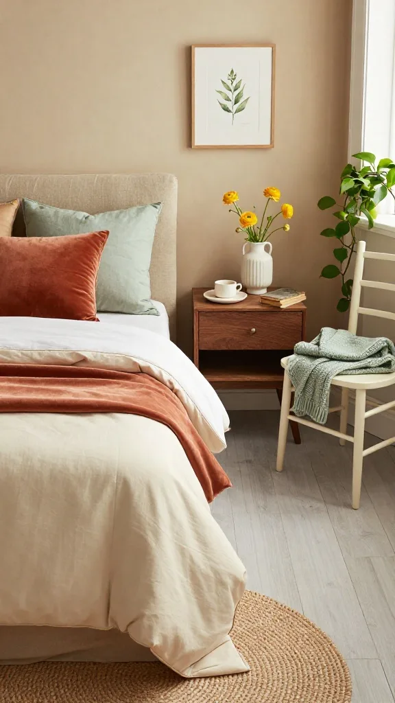 Spring bedroom colour scheme with warm oat walls, sage bedding, and terracotta accent pillow on walnut nightstand