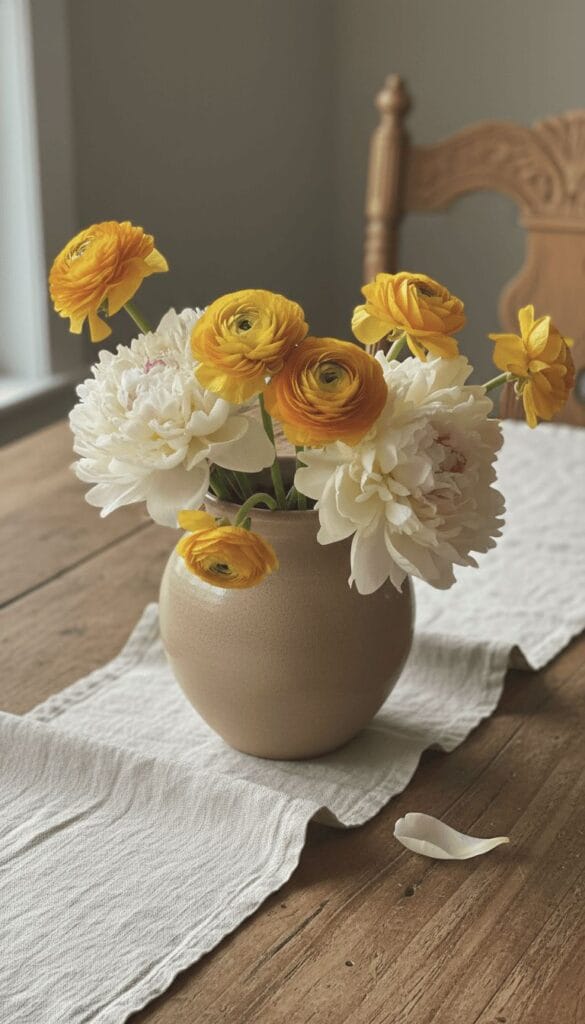 spring flower centerpiece with yellow ranunculus and cream peonies in stoneware vase