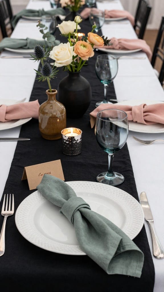 Spring wedding palette with black linen runners, soft gold cutlery, and cream roses on white table