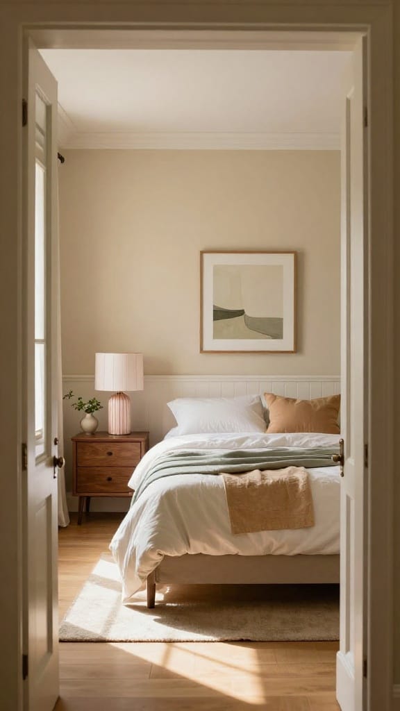 Spring bedroom for couples with sage and khaki throws on white percale bedding