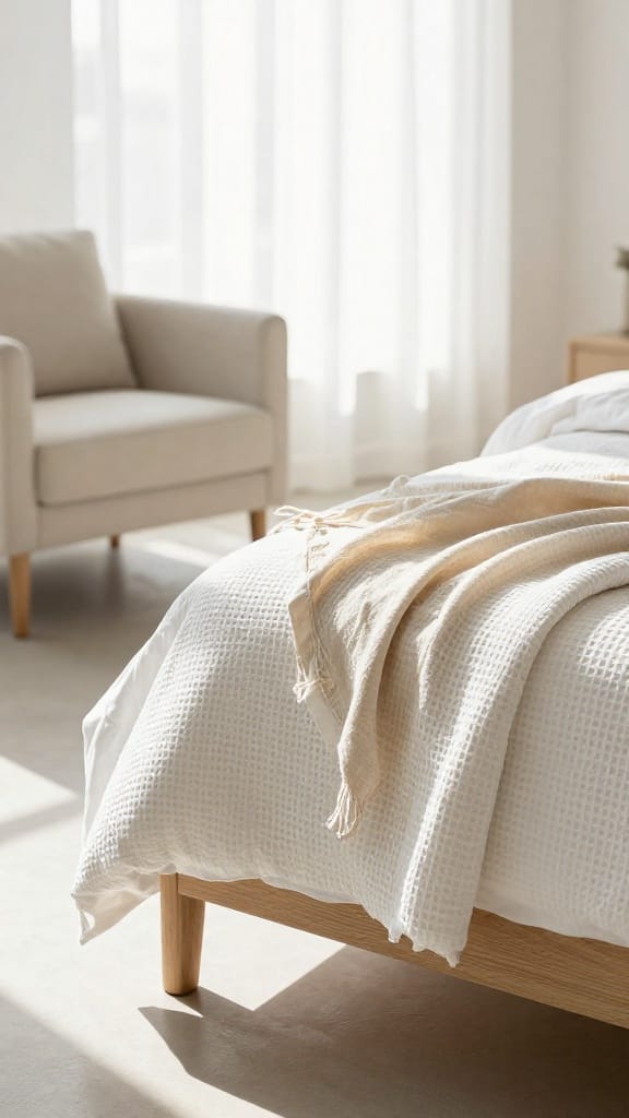 summer master bedding with white waffle-weave coverlet and gauze throw in bright morning light