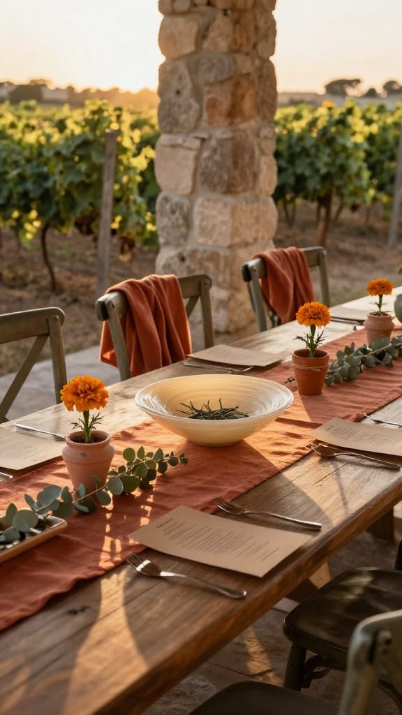 Sunset-warm spring wedding colors on vineyard terrace with terracotta, eucalyptus, and golden light