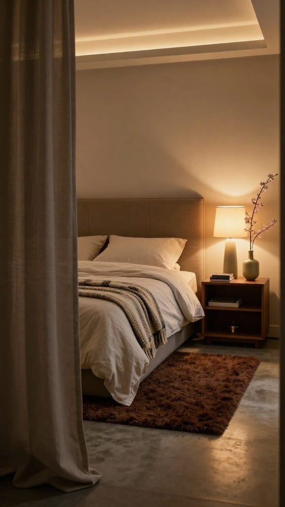 Cocoon spring bedroom with padded mushroom headboard, upholstered wall panels, and wool throw