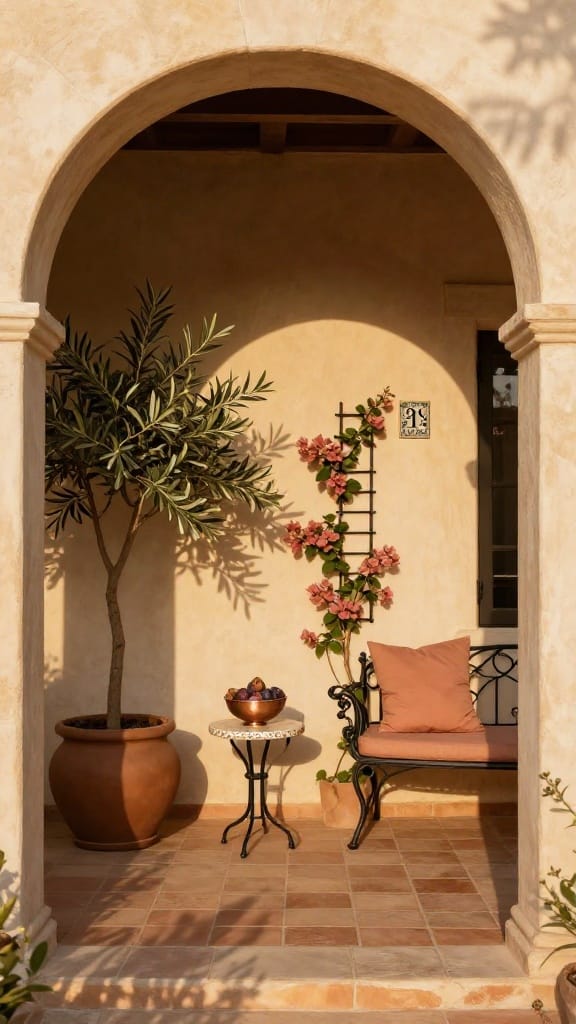 Mediterranean spring porch decor with olive tree planter and fuchsia-peach bougainvillea on stucco wall