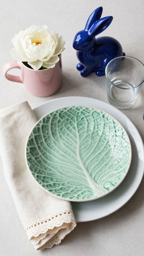 Vintage Easter table decorations with cabbage-leaf plate, retro-glaze bunny, and lace-trimmed napkin