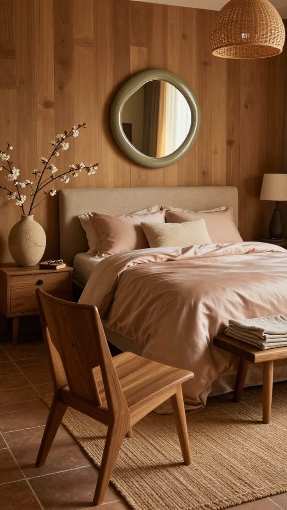 Warm oat and mushroom spring bedroom with raw wood nightstand, curved mirror, and spring blossom
