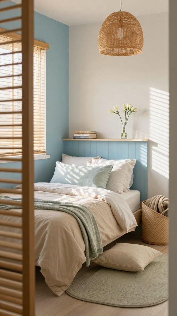 Blue spring bedroom with cloud blue accent wall, sand bedding, and bamboo blinds