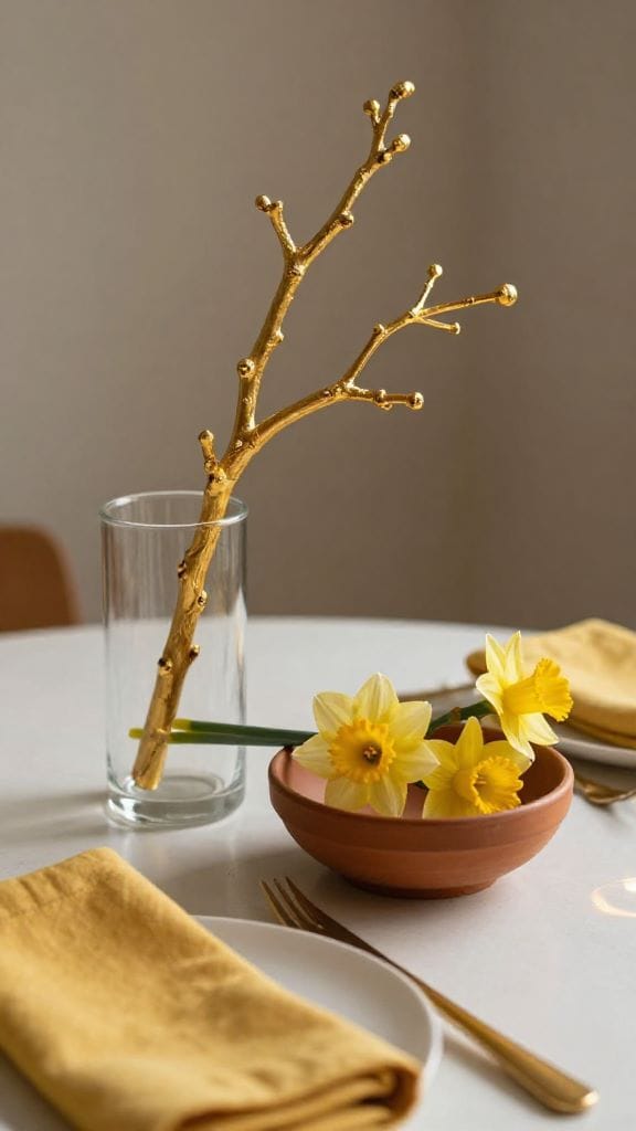 Easter table decorations with gilded branch, daffodils in terracotta bowl, and butter-yellow linen napkin