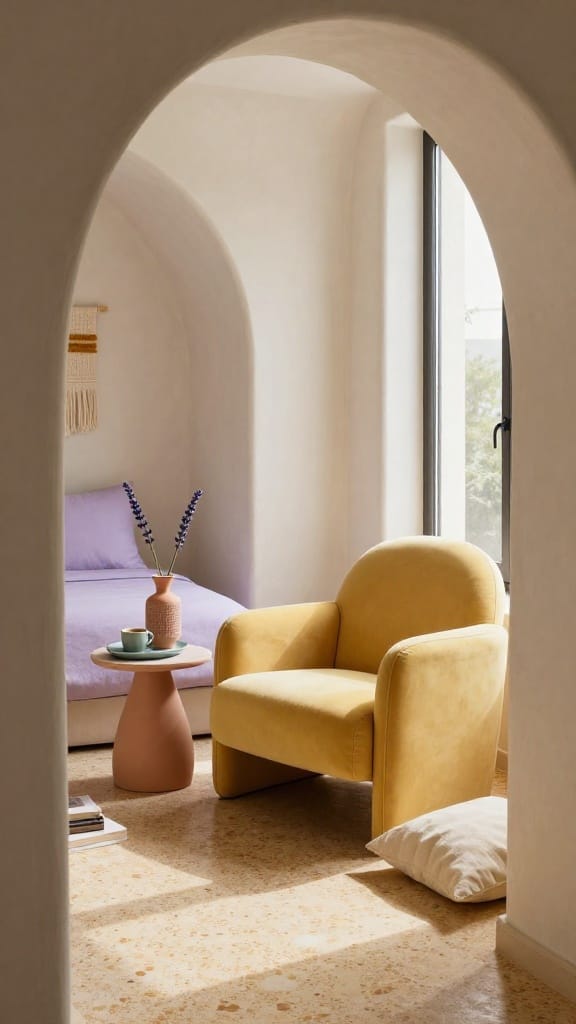 Yellow and purple spring bedroom corner with butter yellow armchair and lavender cushion shams