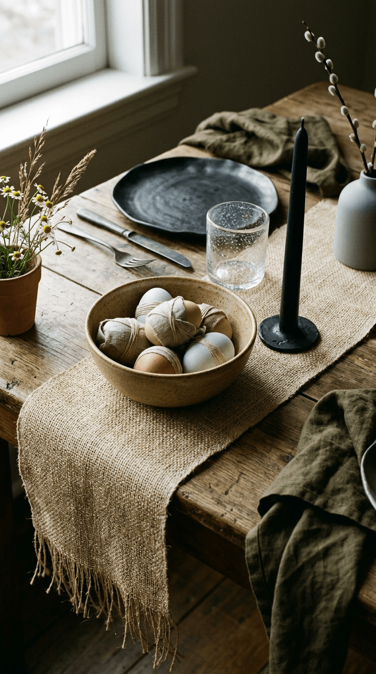 Natural easter decor table with charcoal willow cradle and linen eggs on oak surface