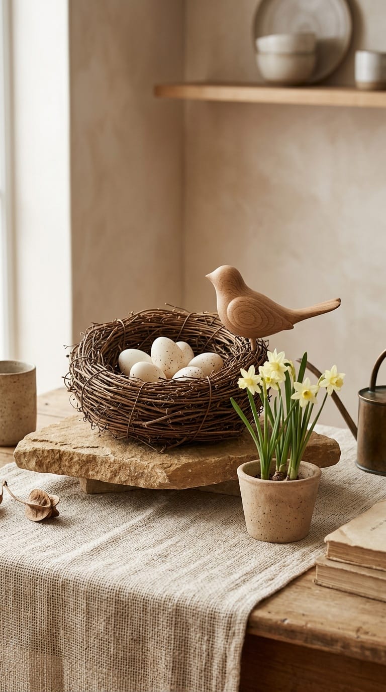 Natural easter nest display with grapevine nest and blown eggs on stone riser in sunroom