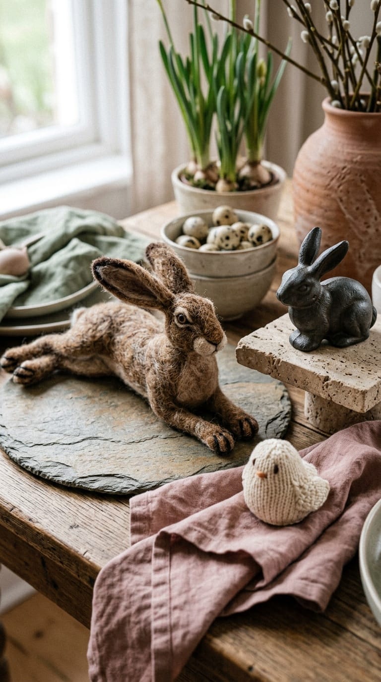 Natural easter bunny decor with wool-felted tawny hare and cast-iron rabbit in study