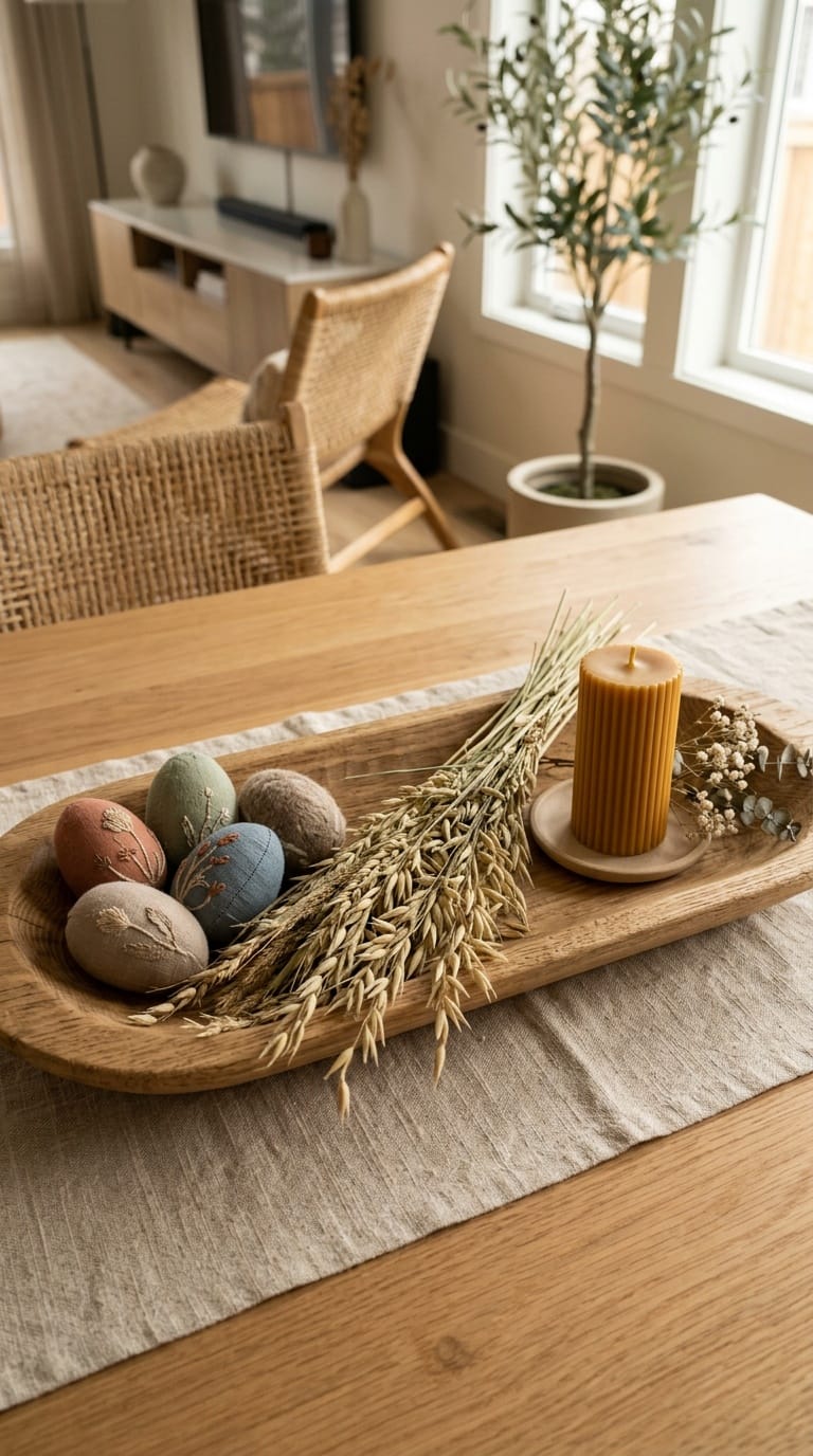 Natural easter dough bowl centerpiece with linen eggs and beeswax candle on dining table