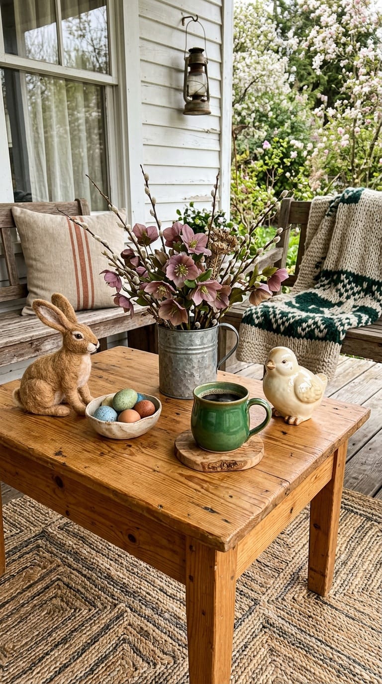 Farmhouse natural easter decor on covered porch with grain-sack cushion and hellebore stems