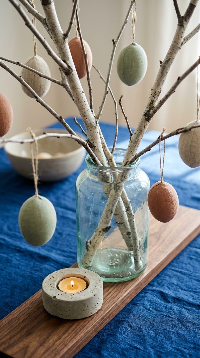 Natural easter branch decorations with birch twigs in recycled glass vase on kitchen counter