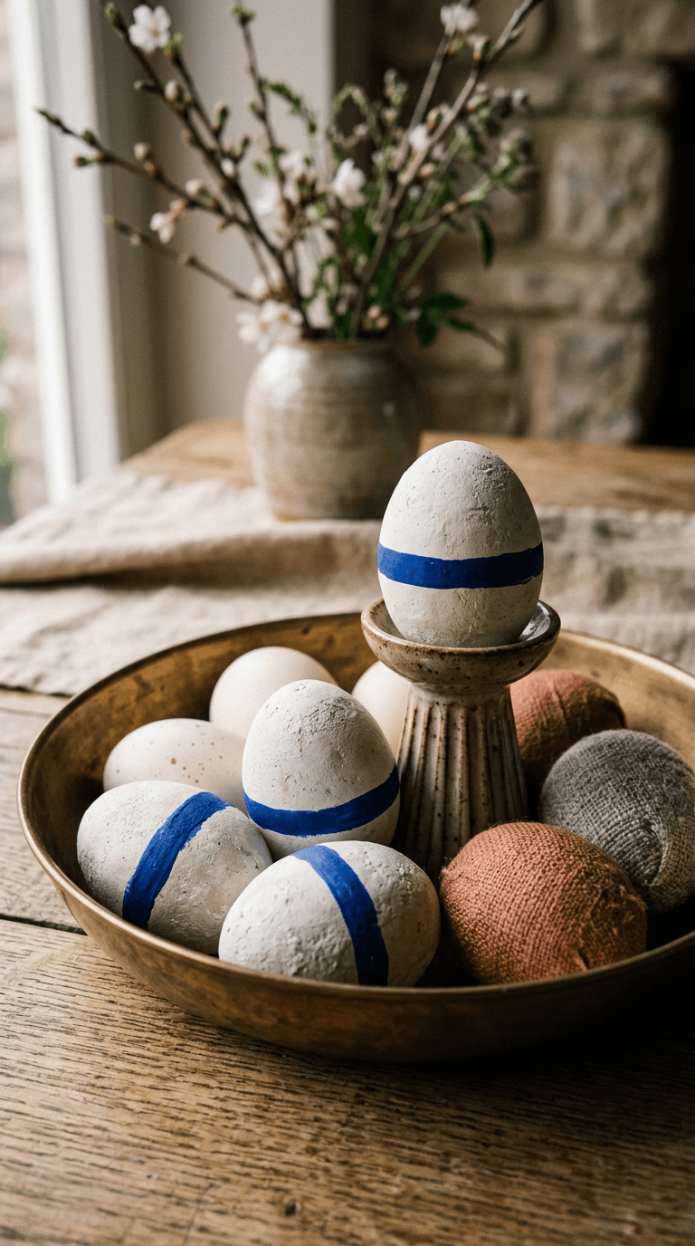 Natural easter egg decorating with clay-wash plaster eggs and cobalt stripe on windowsill