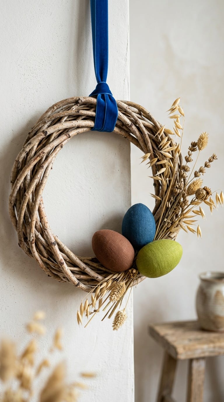 Natural easter wreath from birch twigs with hand-dyed linen eggs on limewash wall