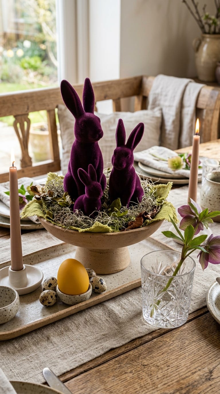 Elegant natural easter decor with emerald flocked hare and jewel-tone accents on mantel