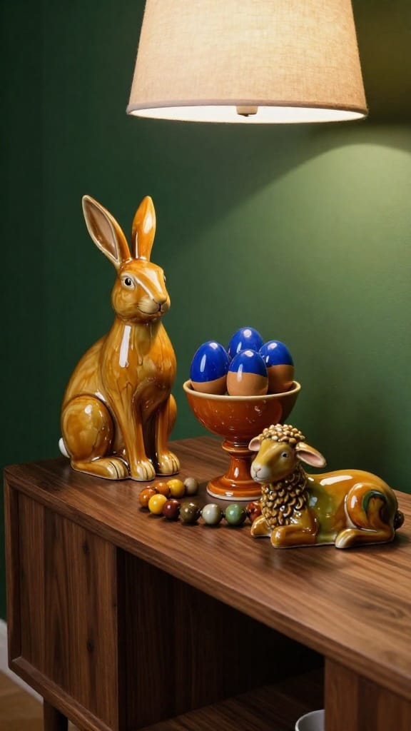 Natural easter decor with retro amber drip-glaze ceramic hare and 70s compote on console