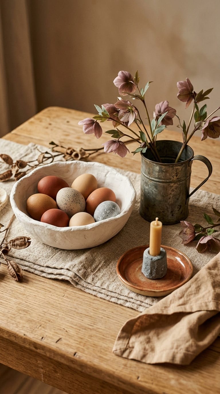 Neutral natural easter decor with chalky plaster bowl and clay-wash eggs on cane sideboard