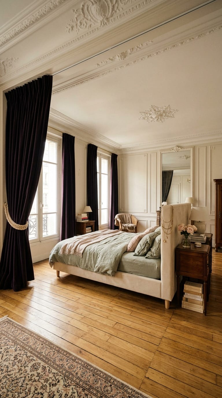 Parisian apartment bedroom with aubergine velvet drapes, braided rope tie-back and ornate ceiling moulding