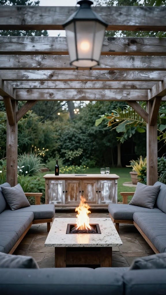 Fire pit under a gazebo with cedar pergola rafters and amber fire pebble tray glowing