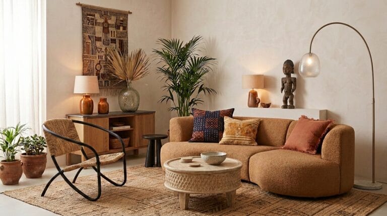 living room with afro boho style and accessories