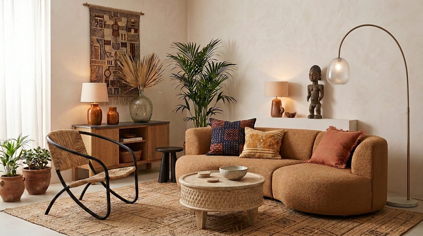 living room with afro boho style and accessories