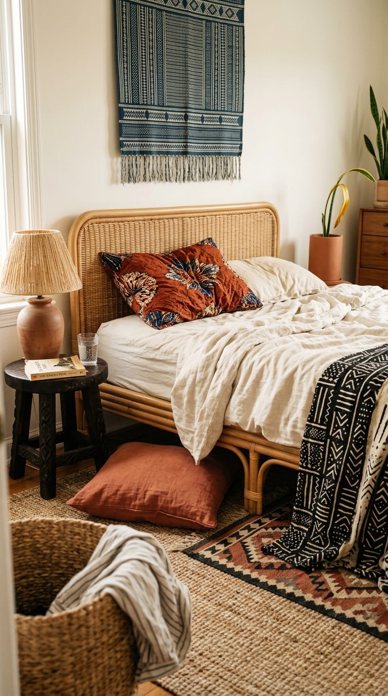 Afro bohemian style decor bedroom with mudcloth throw and Ankara pillows on rattan bed frame