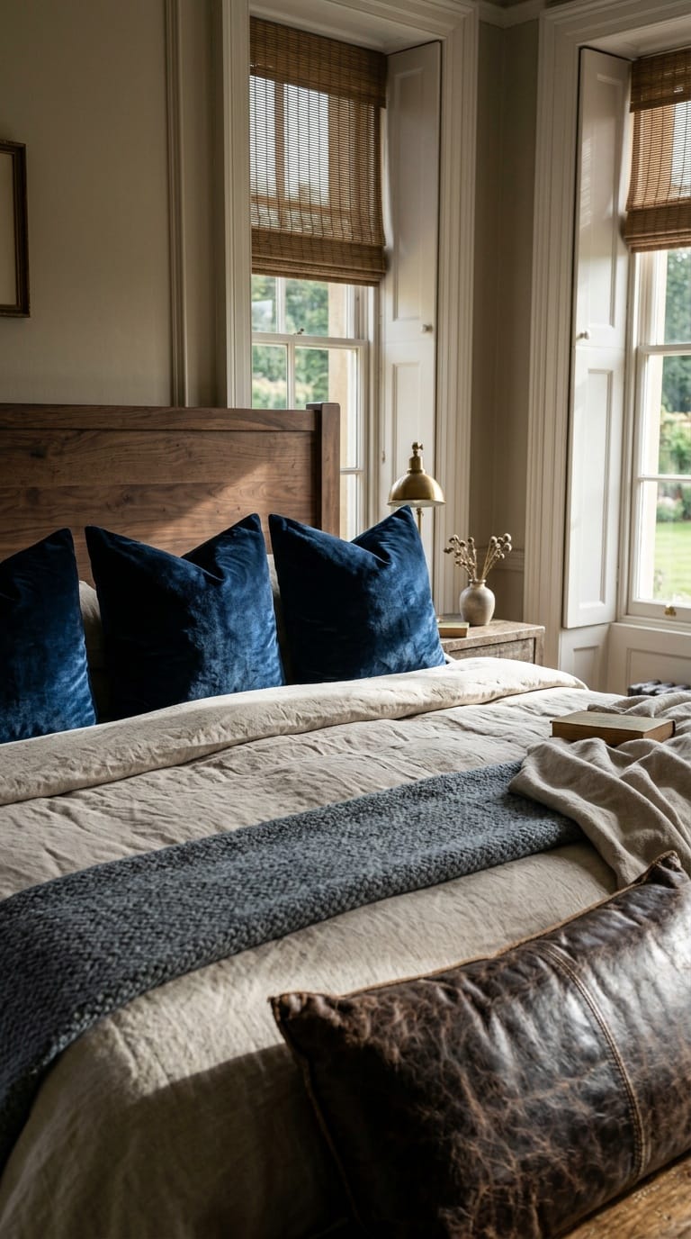 Navy velvet shams against walnut headboard with layered linen and distressed leather lumbar pillow